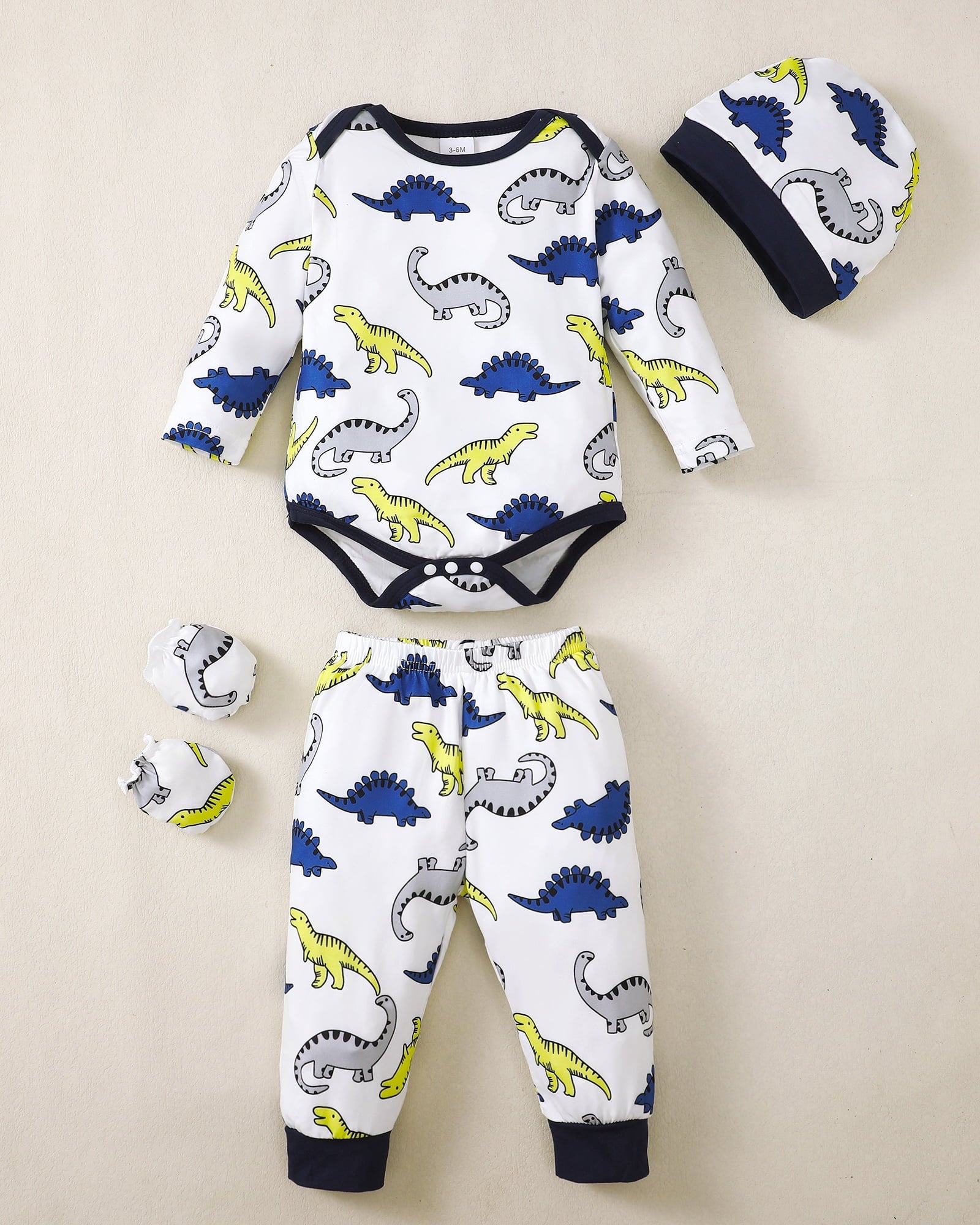 Kucnuzki Newborn Baby Layette Set Baby Boys Outfits 4 Sets Long Sleeves Romper Tops Dinosaur Striped Solid Color Tops + Pants + Hats + Gloves 16PCs Multicolor 9-12 Months