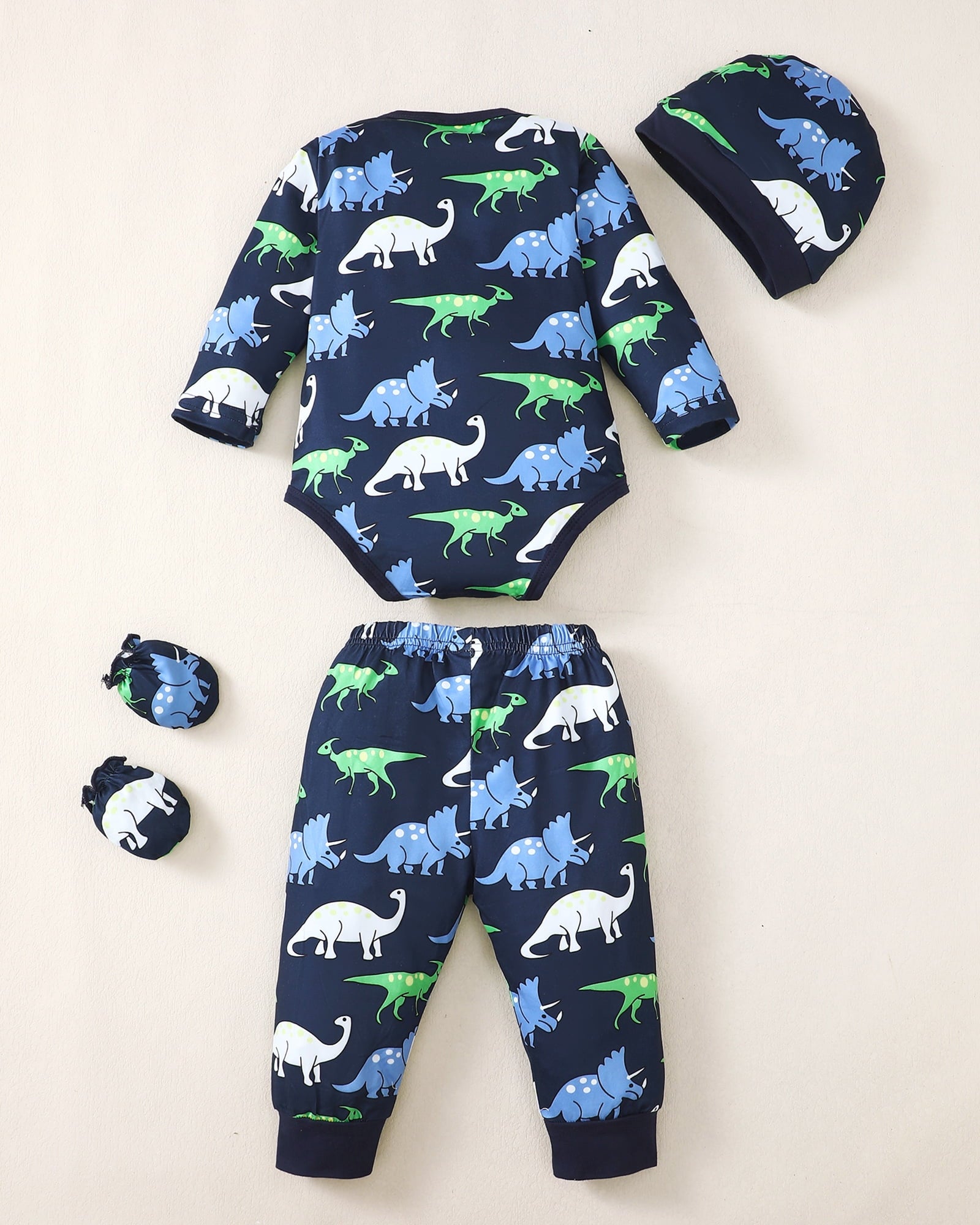 Kucnuzki Newborn Baby Layette Set Baby Boys Outfits 4 Sets Long Sleeves Romper Tops Dinosaur Striped Solid Color Tops + Pants + Hats + Gloves 16PCs Multicolor 9-12 Months