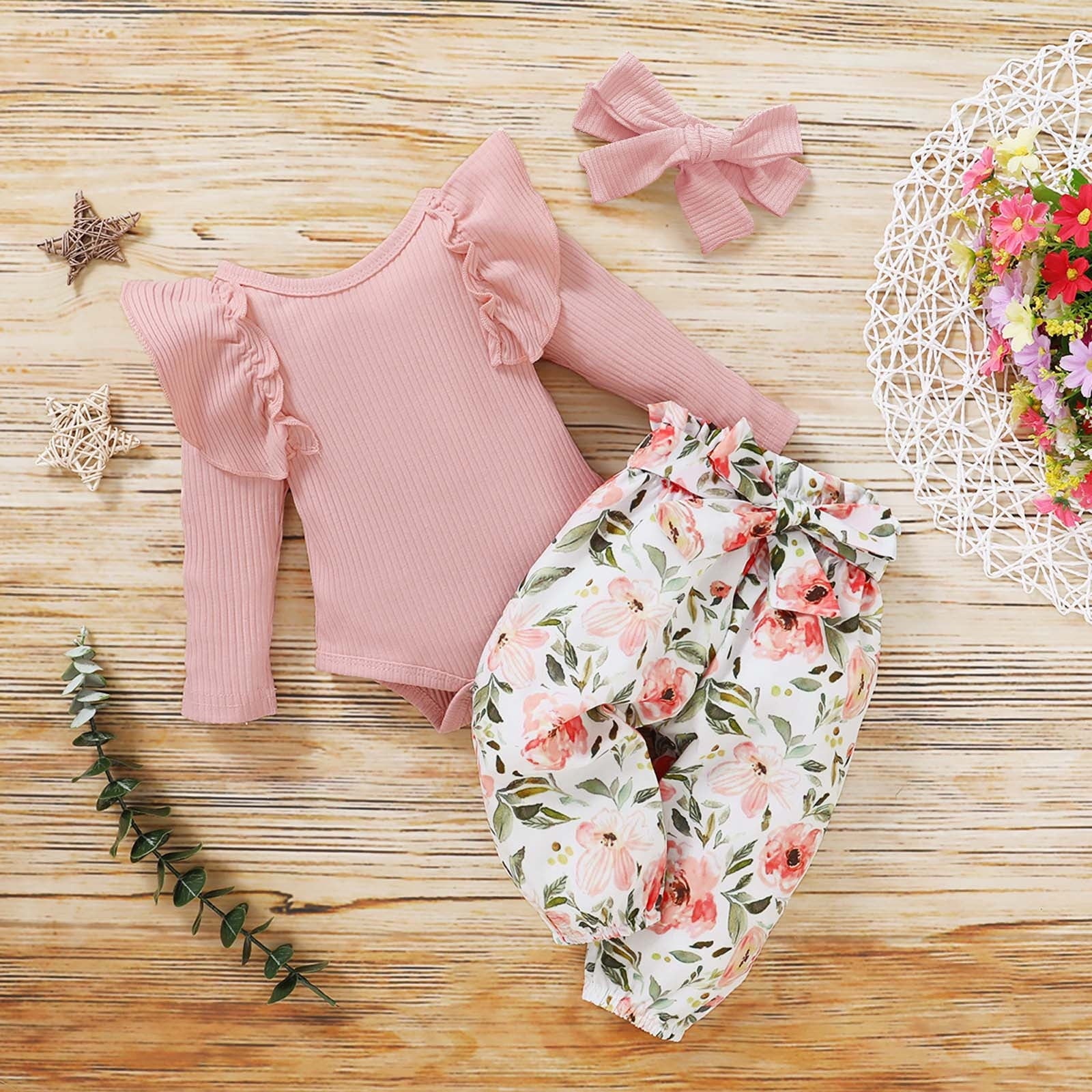 Odeerbi Baby Girls Clothes Infant Ruffle Long Sleeve Floral Print Bodysuit 3PCS Baby Layette Set