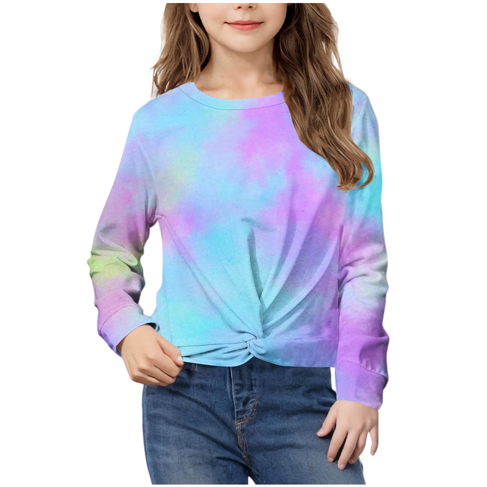 CHEEREAM Girls Casual Tunic Tops Tie Dye Knot Front Long Sleeve Loose Soft Blouse T-Shirt Size 4-12