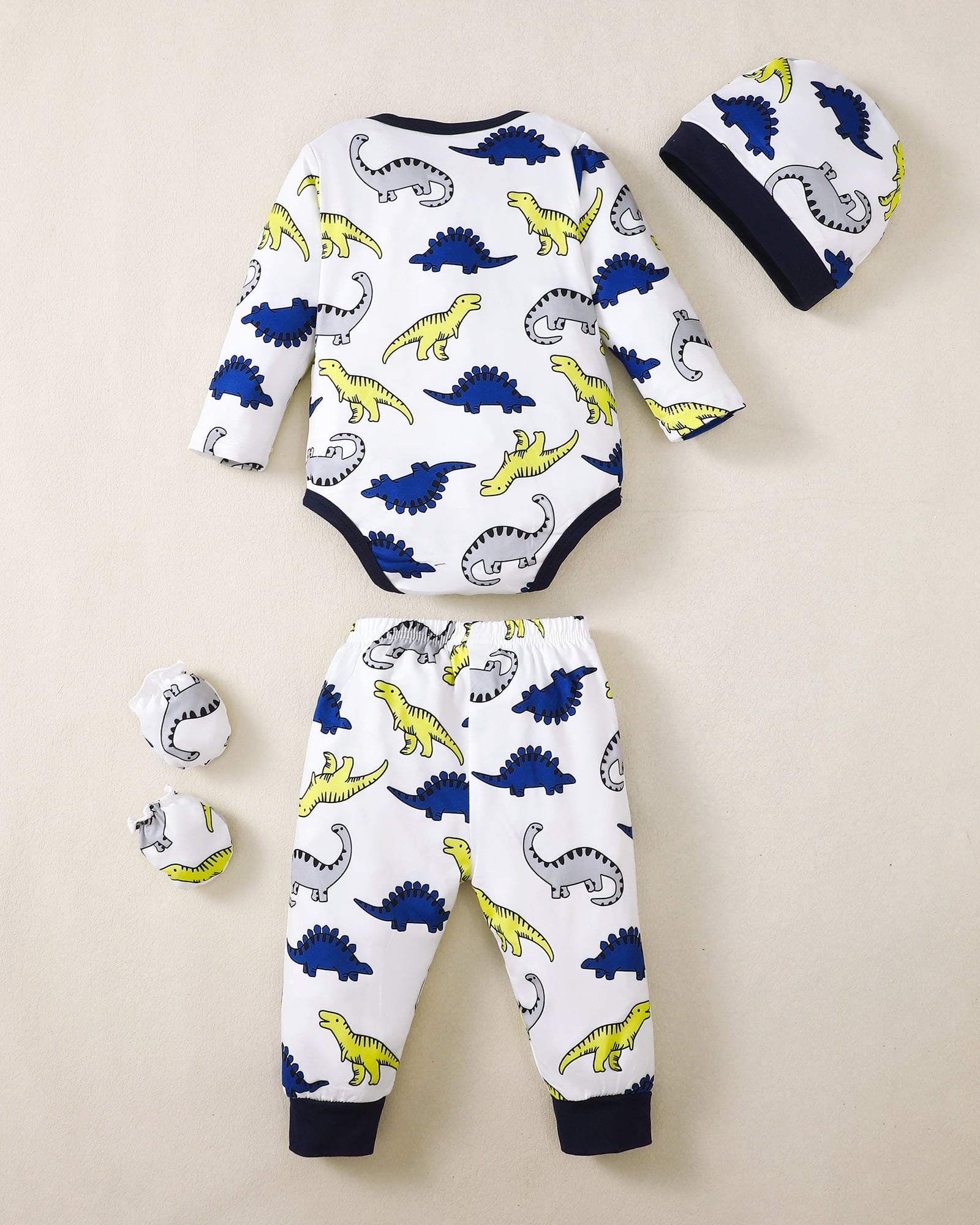 Kucnuzki Newborn Baby Layette Set Baby Boys Outfits 4 Sets Long Sleeves Romper Tops Dinosaur Striped Solid Color Tops + Pants + Hats + Gloves 16PCs Multicolor 9-12 Months