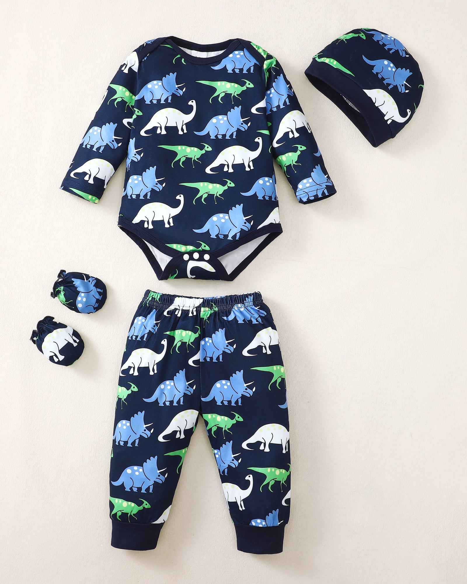 Kucnuzki Newborn Baby Layette Set Baby Boys Outfits 4 Sets Long Sleeves Romper Tops Dinosaur Striped Solid Color Tops + Pants + Hats + Gloves 16PCs Multicolor 9-12 Months