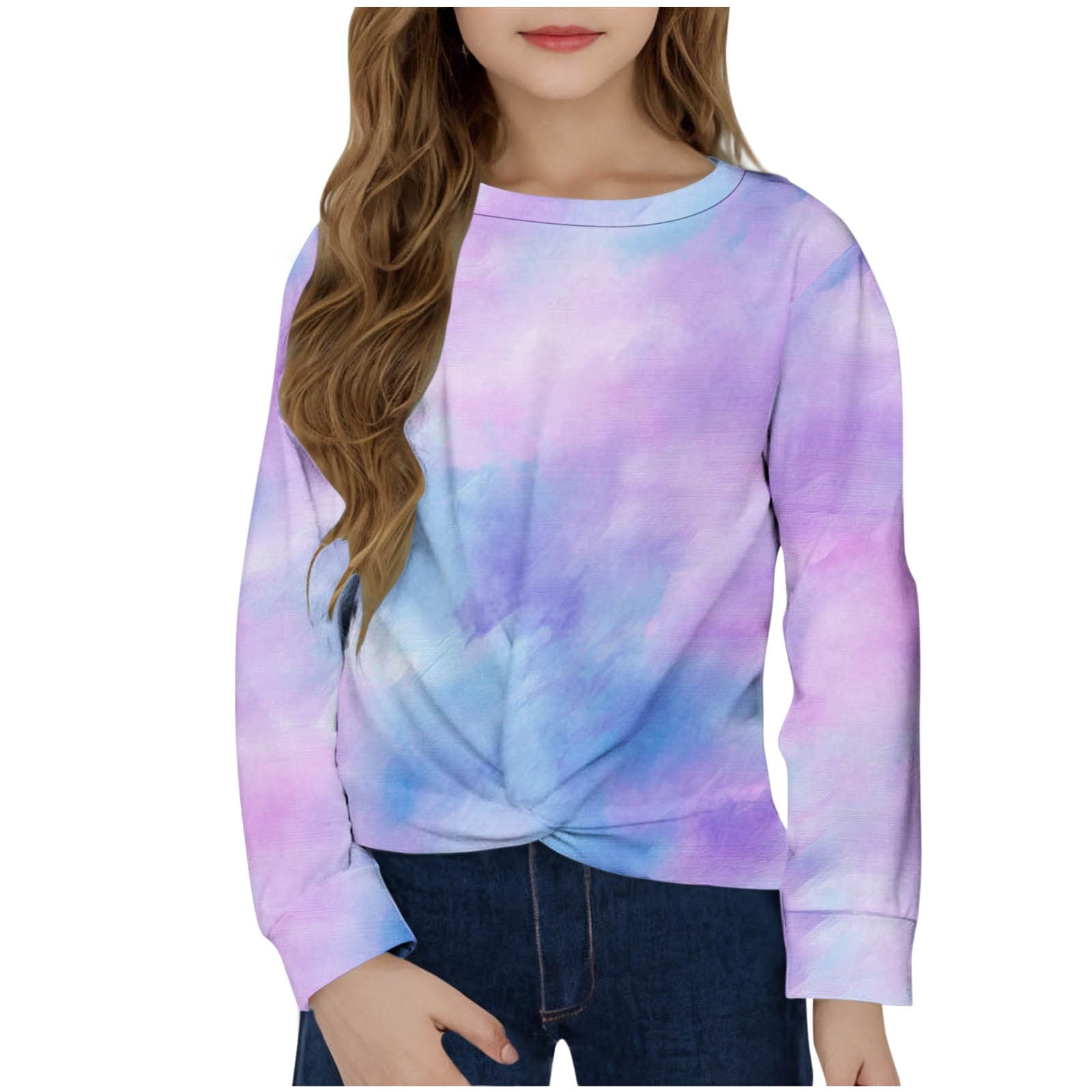 CHEEREAM Girls Casual Tunic Tops Tie Dye Knot Front Long Sleeve Loose Soft Blouse T-Shirt Size 4-12