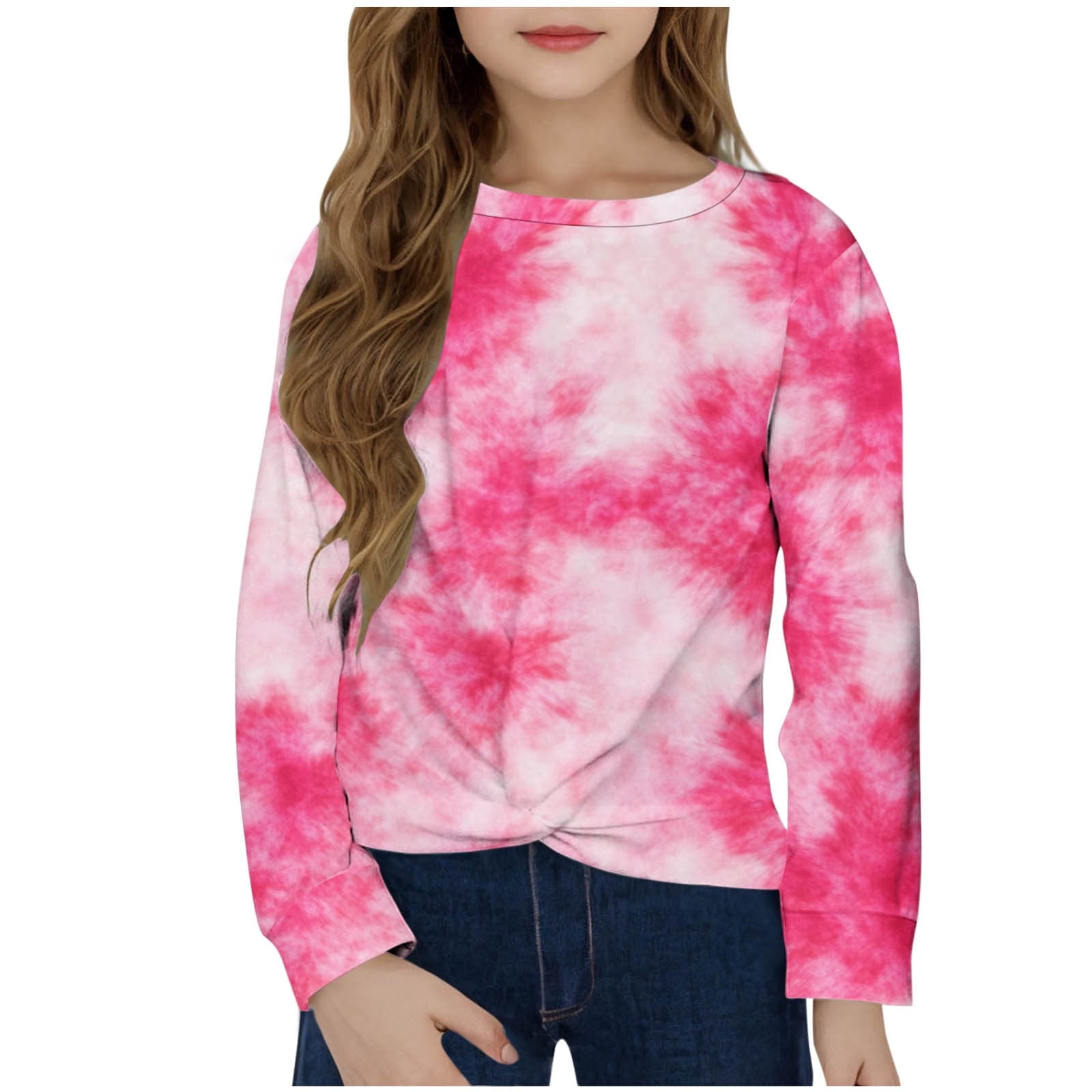 CHEEREAM Girls Casual Tunic Tops Tie Dye Knot Front Long Sleeve Loose Soft Blouse T-Shirt Size 4-12