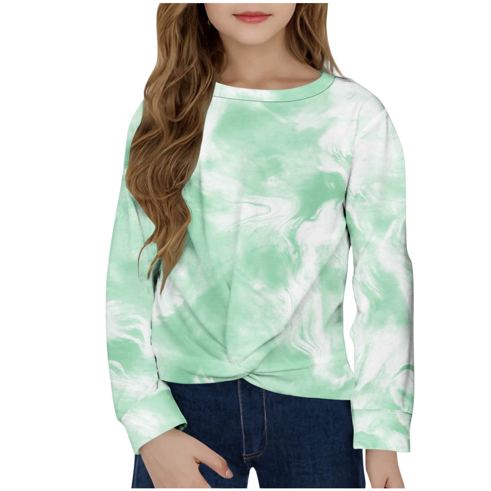CHEEREAM Girls Casual Tunic Tops Tie Dye Knot Front Long Sleeve Loose Soft Blouse T-Shirt Size 4-12