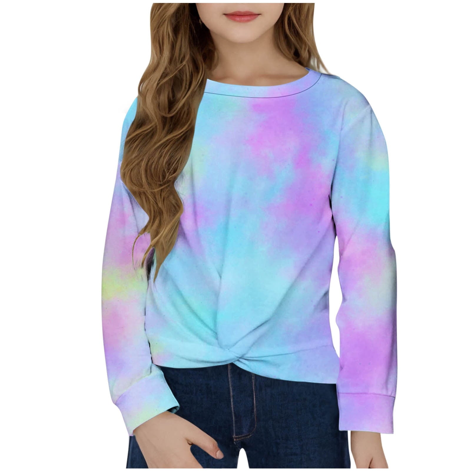 CHEEREAM Girls Casual Tunic Tops Tie Dye Knot Front Long Sleeve Loose Soft Blouse T-Shirt Size 4-12
