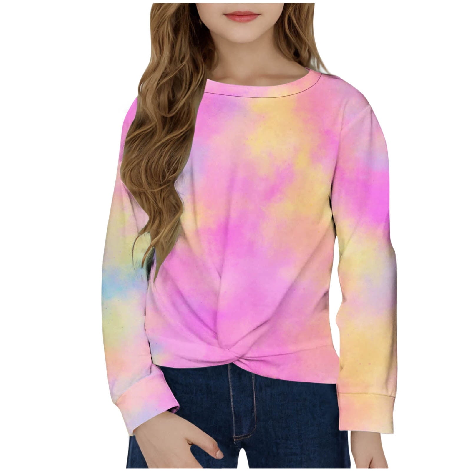 CHEEREAM Girls Casual Tunic Tops Tie Dye Knot Front Long Sleeve Loose Soft Blouse T-Shirt Size 4-12
