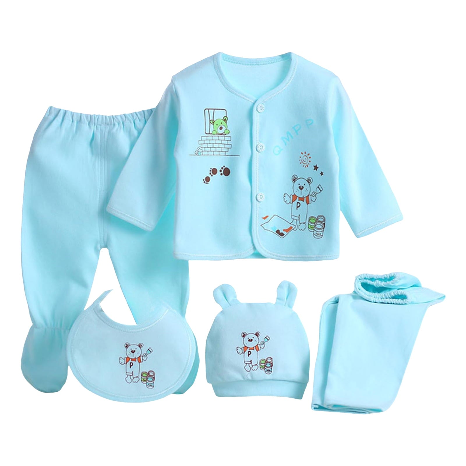 Caqnni Romper+Burp Cloth+Bib+Mittens+Shoes+Cap Set Breathable Healthy Fabric Tops for Baby Shose+Romper Baby Set 5PCS Boy Tops+Hat+Pants +Bib+Sock Gifts Set
