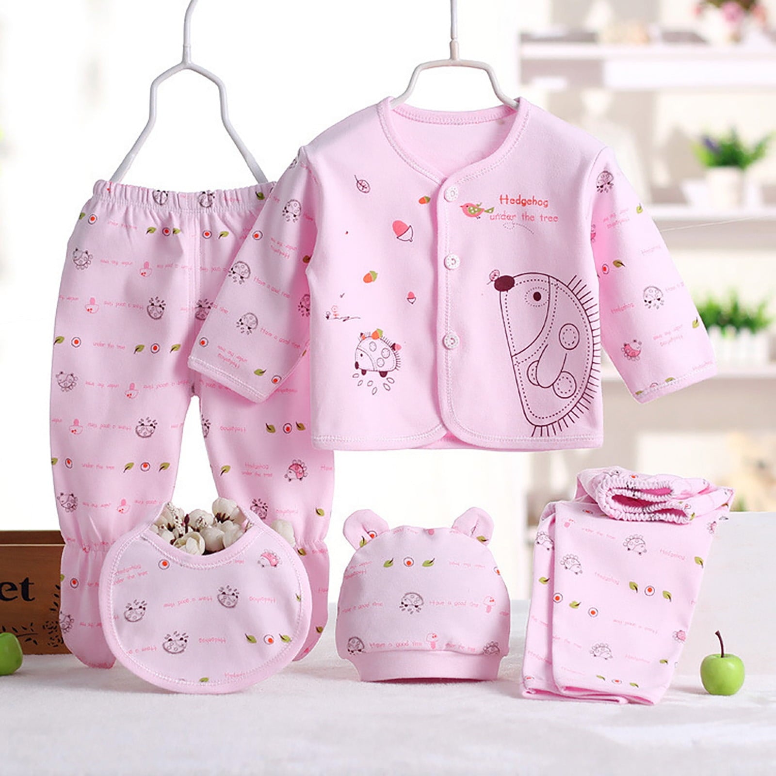 Fdrone 5PCS Baby Clothes Newborn Boys Girls Baby Layette Sets Soft Cotton Clothes Long Sleeve Tops Hat Pants Bib Suit Outfit Dolls Gift Set