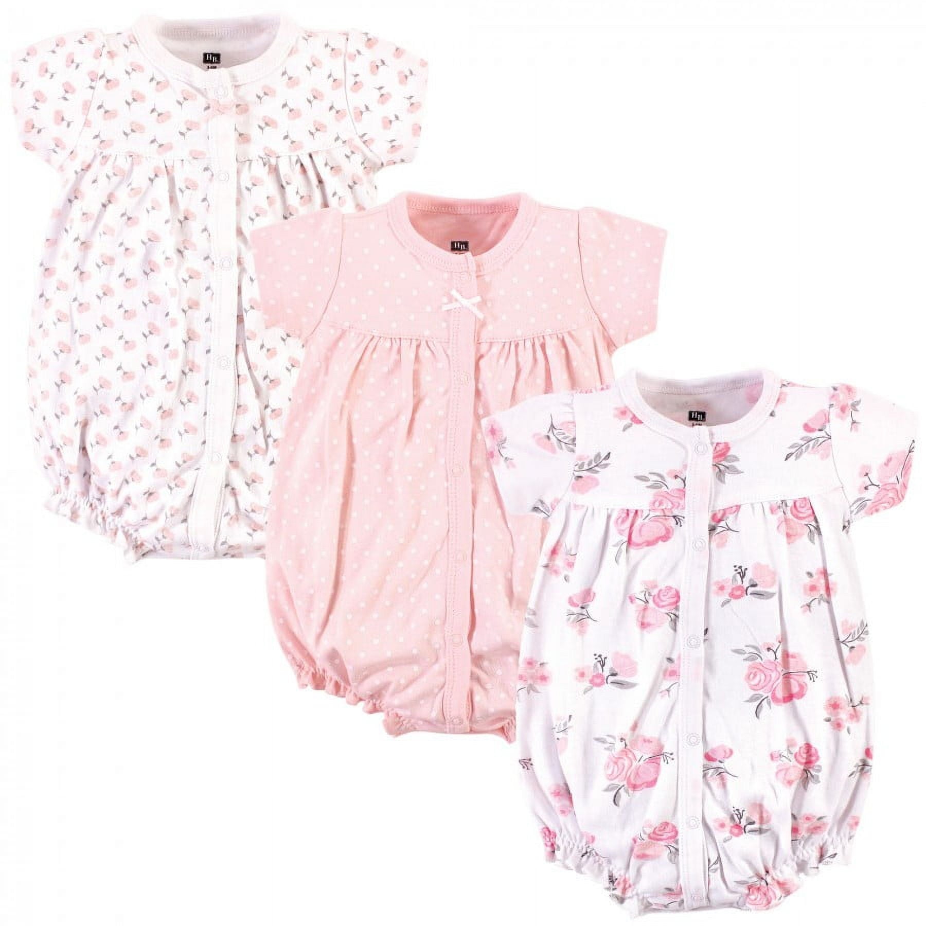 Hudson Baby Infant Girl Cotton Rompers 3pk, Pink Floral, 18-24 Months