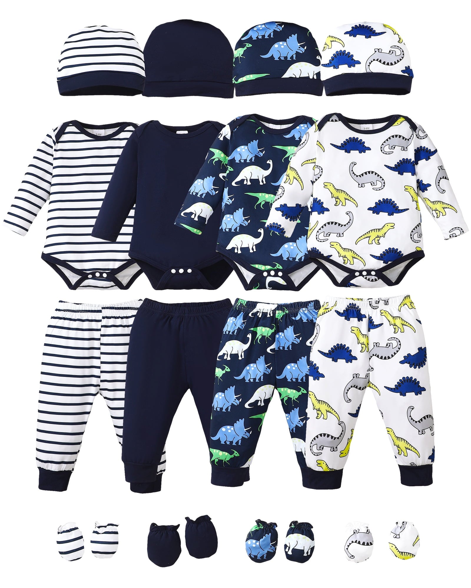 Kucnuzki Newborn Baby Layette Set Baby Boys Outfits 4 Sets Long Sleeves Romper Tops Dinosaur Striped Solid Color Tops + Pants + Hats + Gloves 16PCs Multicolor 9-12 Months