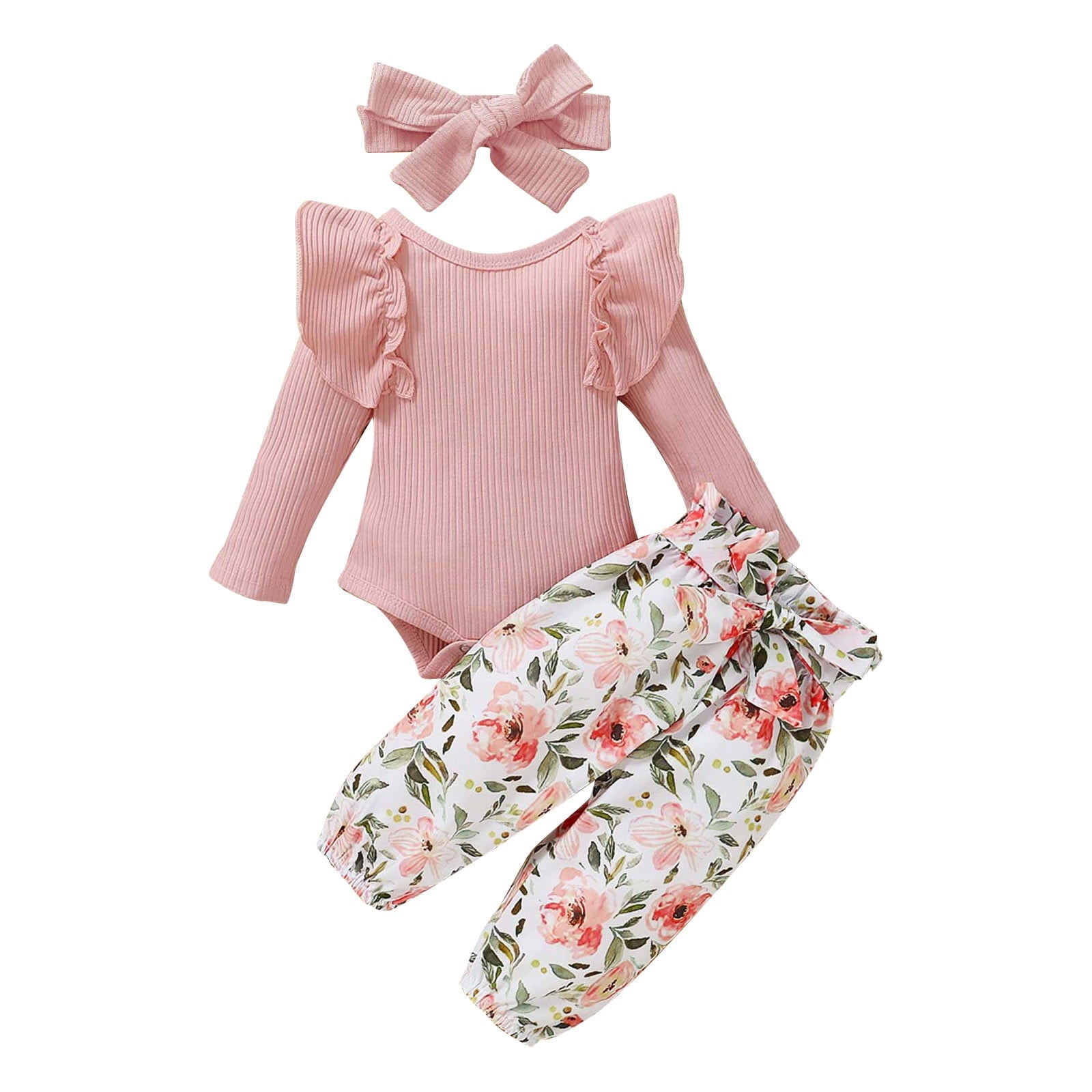 Odeerbi Baby Girls Clothes Infant Ruffle Long Sleeve Floral Print Bodysuit 3PCS Baby Layette Set