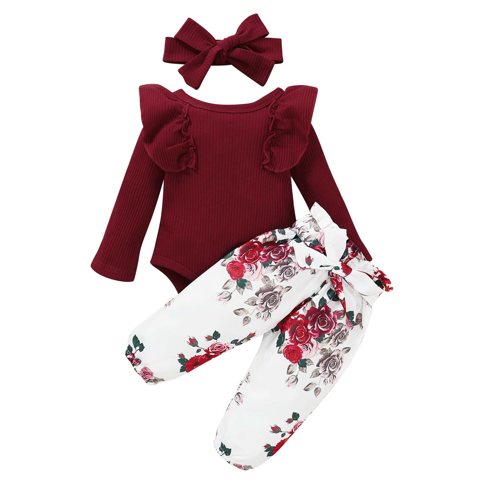 Odeerbi Baby Girls Clothes Infant Ruffle Long Sleeve Floral Print Bodysuit 3PCS Baby Layette Set