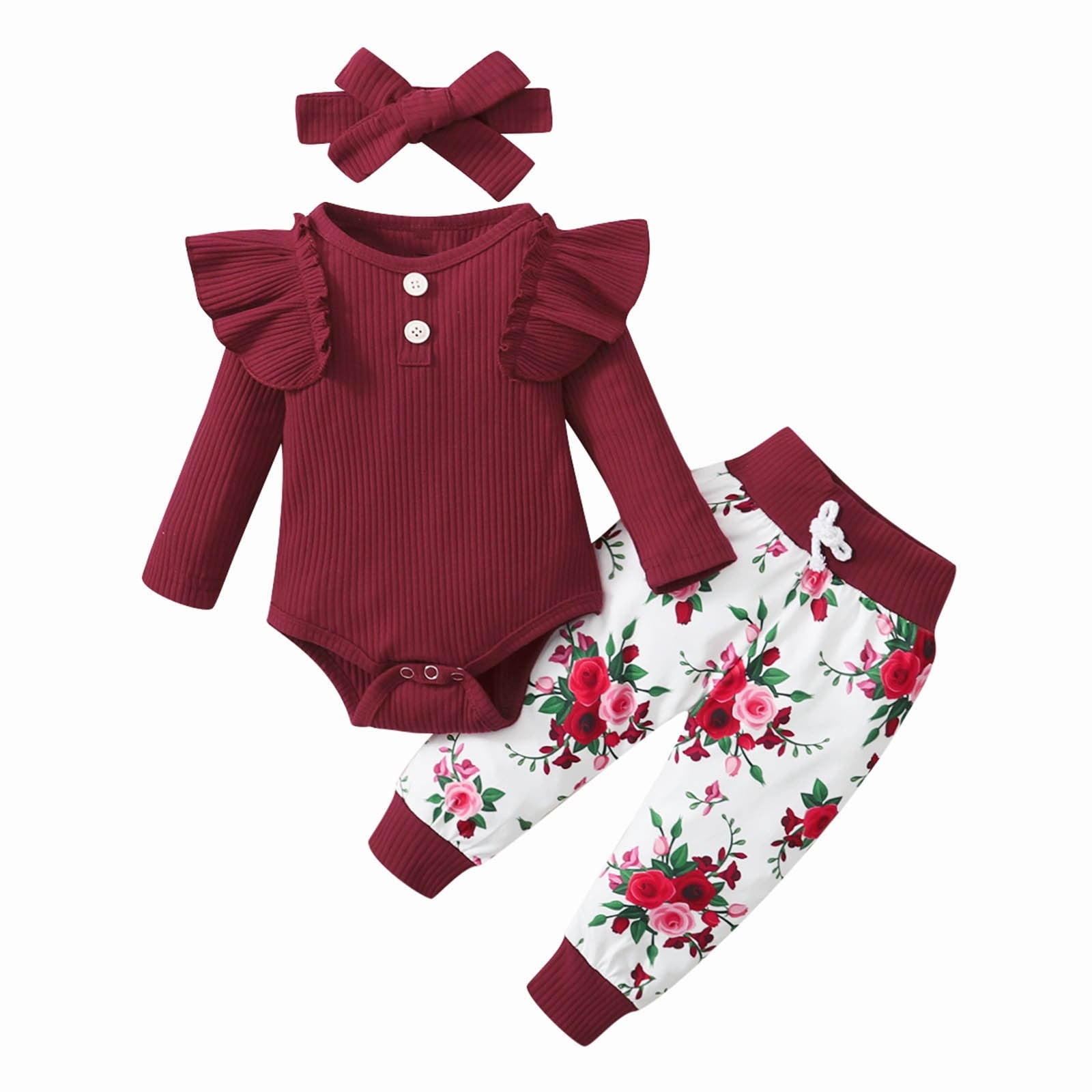 Odeerbi Baby Girls Clothes Infant Ruffle Long Sleeve Floral Print Bodysuit 3PCS Baby Layette Set