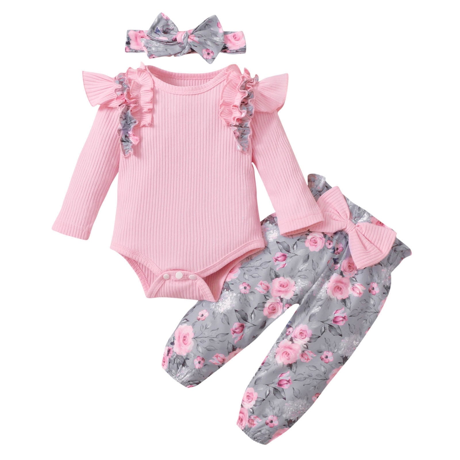 Odeerbi Baby Girls Clothes Infant Ruffle Long Sleeve Floral Print Bodysuit 3PCS Baby Layette Set