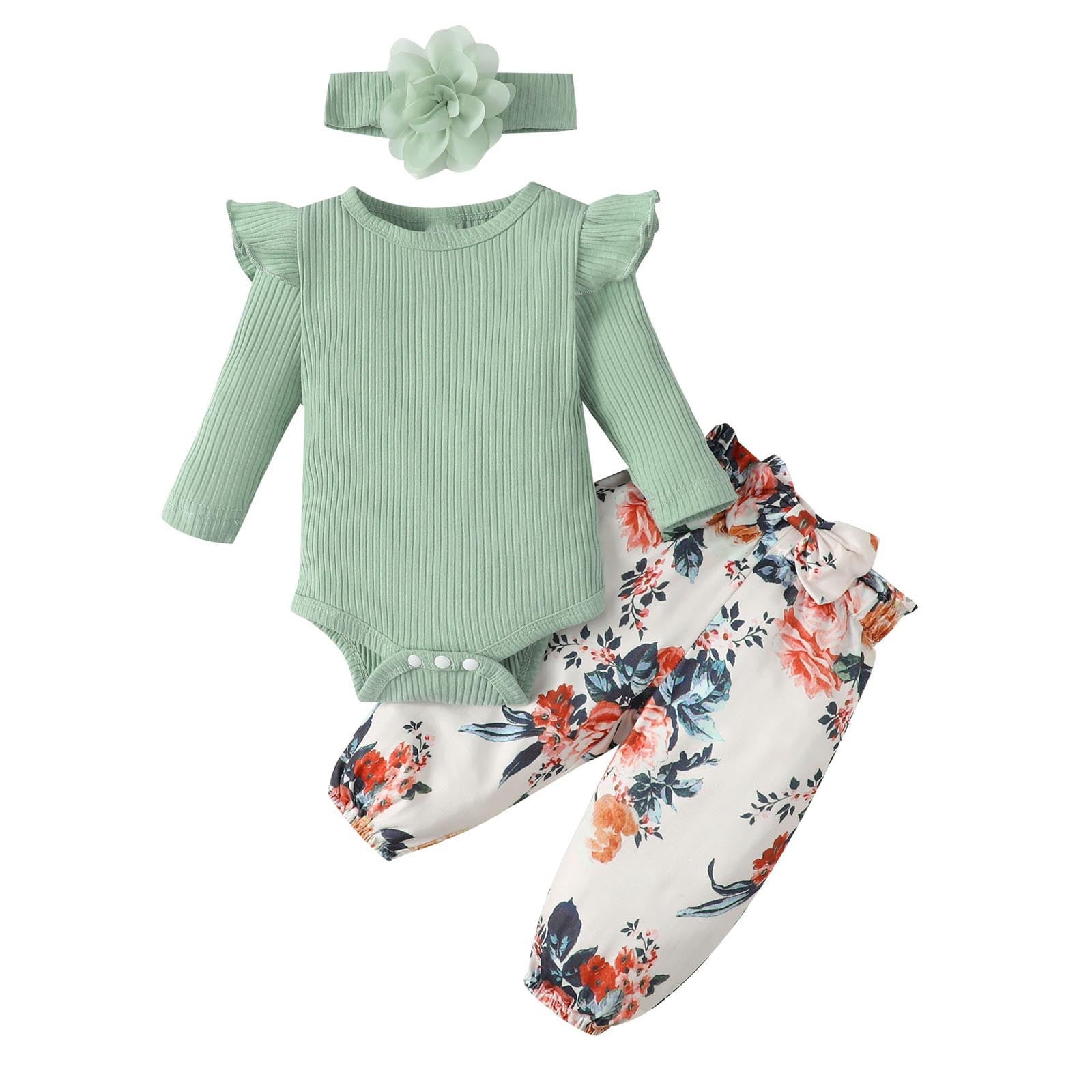 Odeerbi Baby Girls Clothes Infant Ruffle Long Sleeve Floral Print Bodysuit 3PCS Baby Layette Set