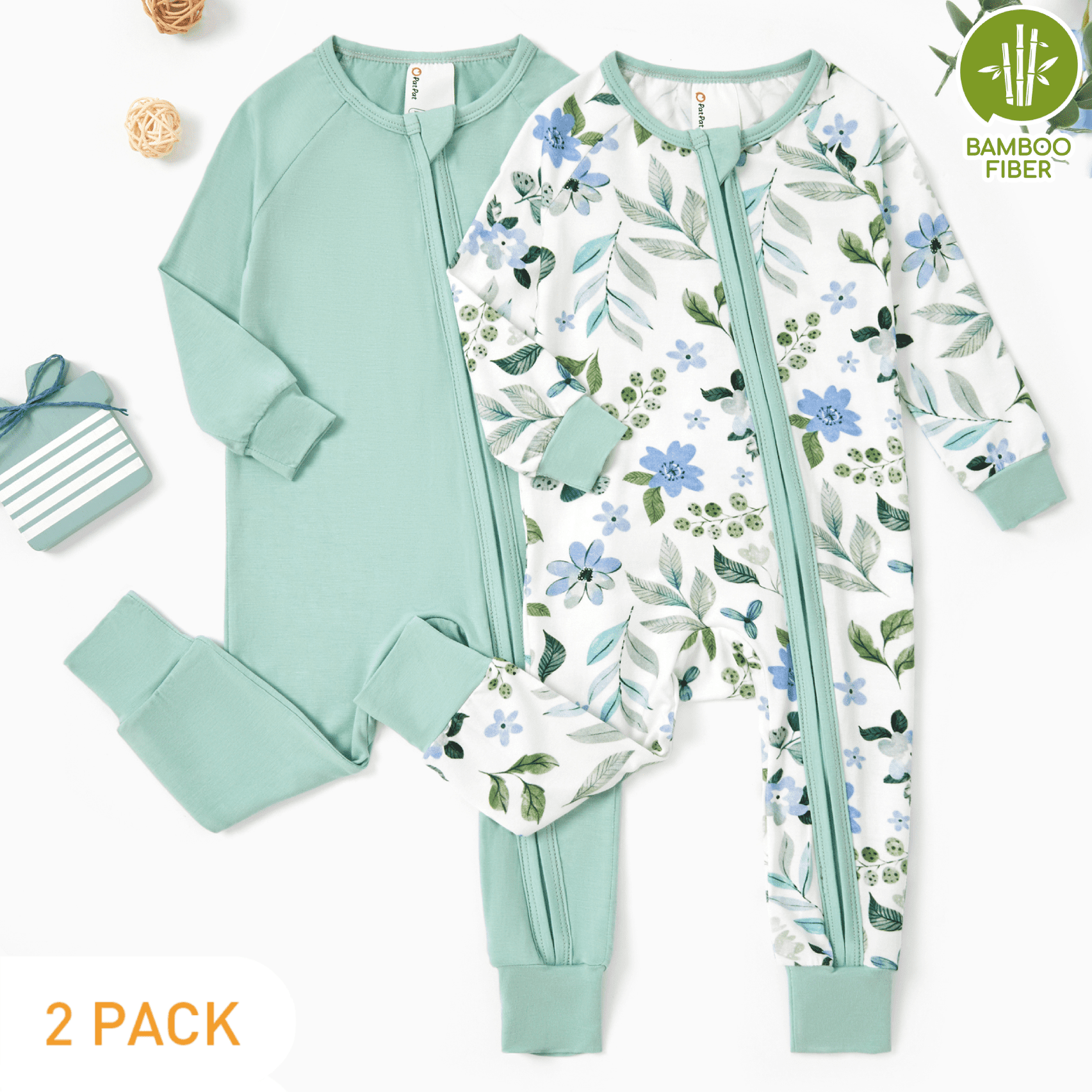 PatPat Baby Girl Clothes Unisex Viscose from Bamboo Footless Zip Sleepwear Long Sleeve Snug Fit Baby Pajamas for Newborn Infant Boys Girls Baby Gifts Sleeper 2Pack,0-3 Months
