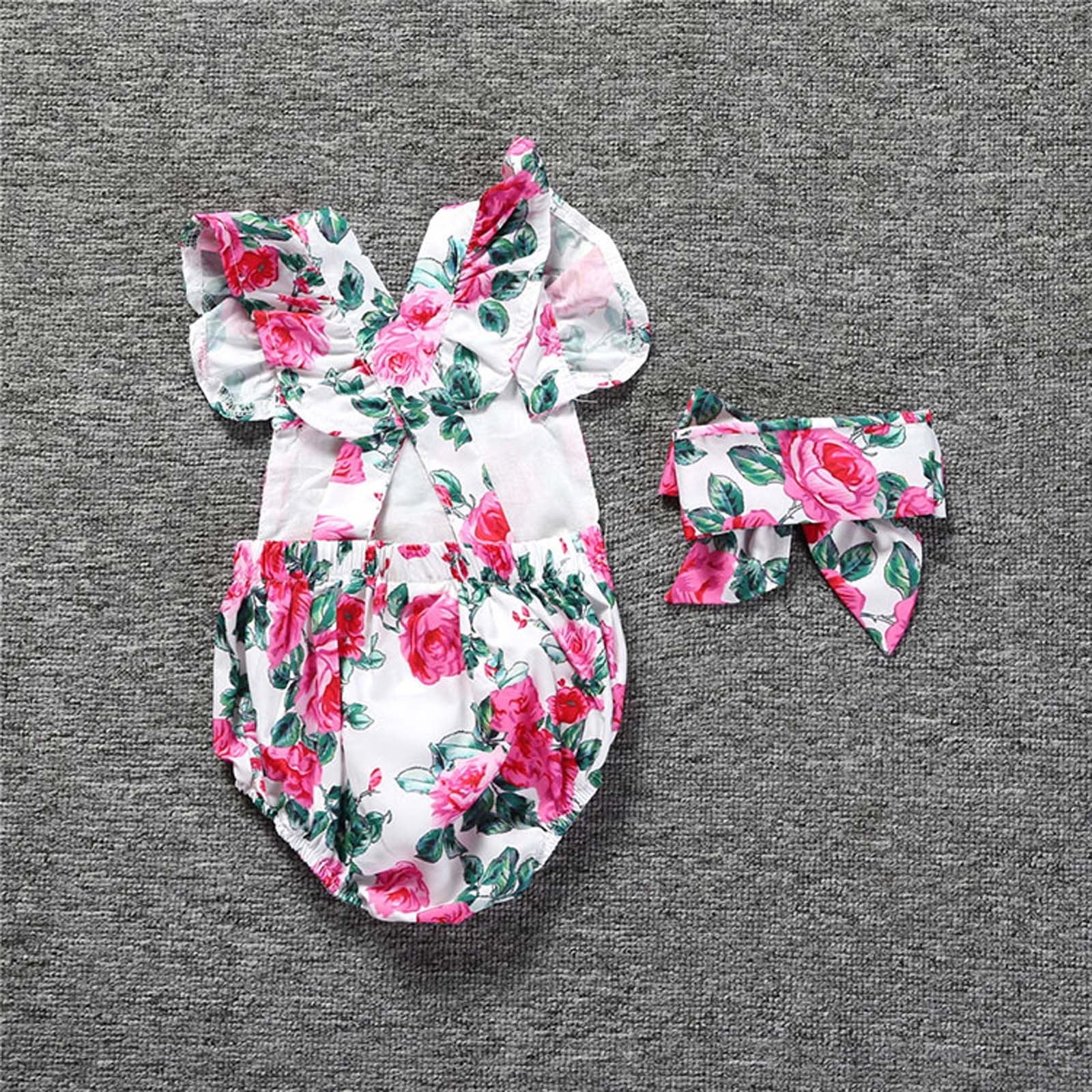 Odeerbi Baby Bodysuit Layette Set for Toddler Sleeveless Romper Flower Print Headband Two-piece Children's Clothing Blue
