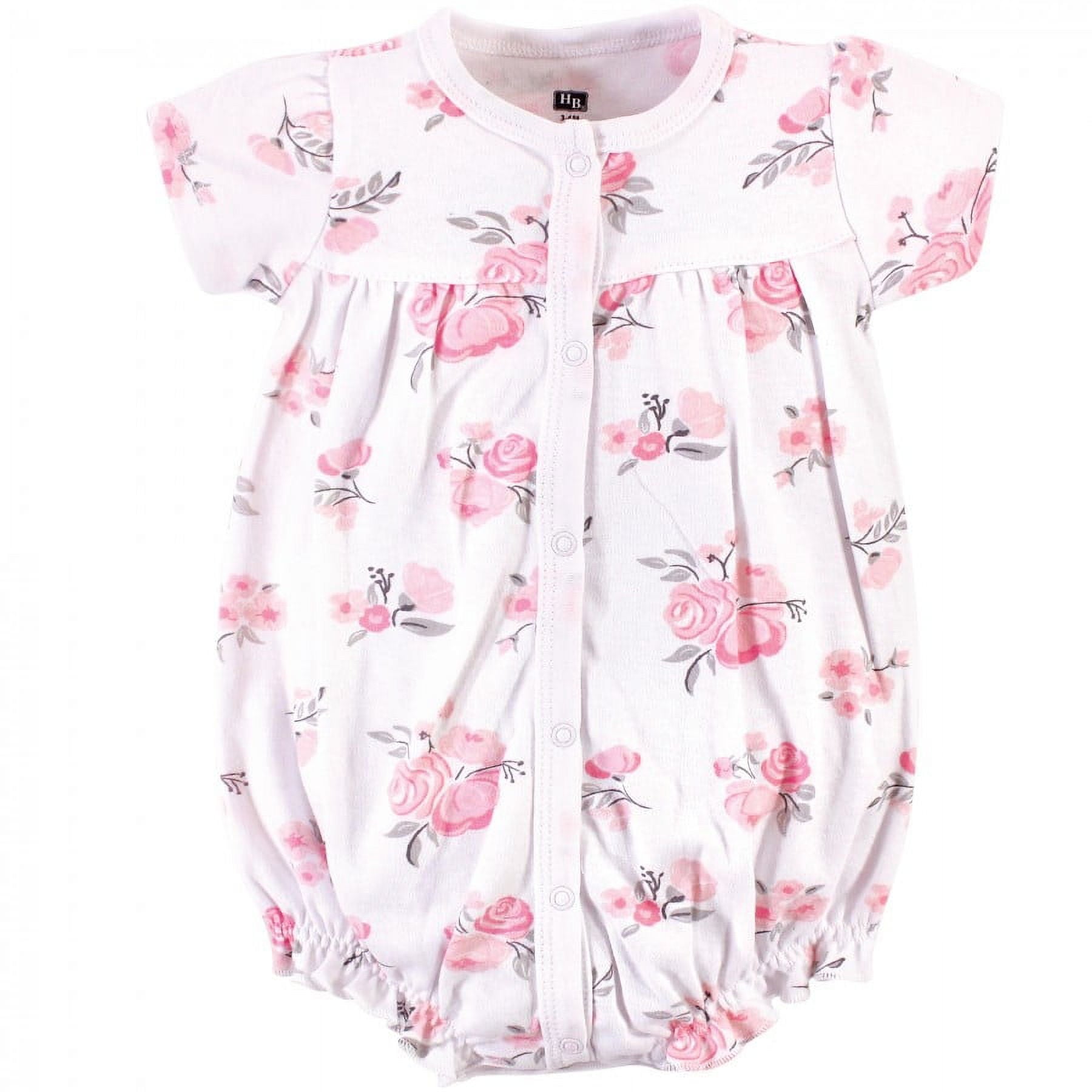 Hudson Baby Infant Girl Cotton Rompers 3pk, Pink Floral, 18-24 Months
